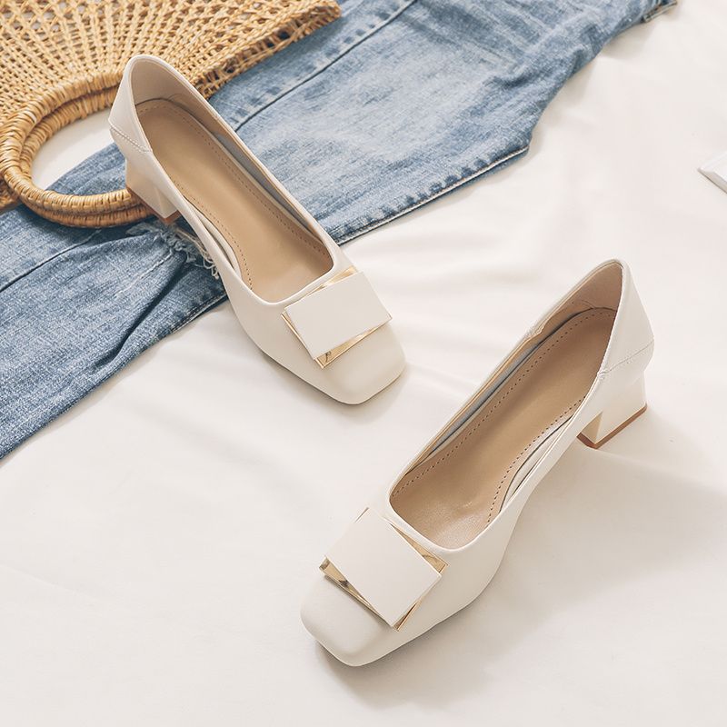 Leather Work Flats - French Style Chunky Heel Pumps, Women's