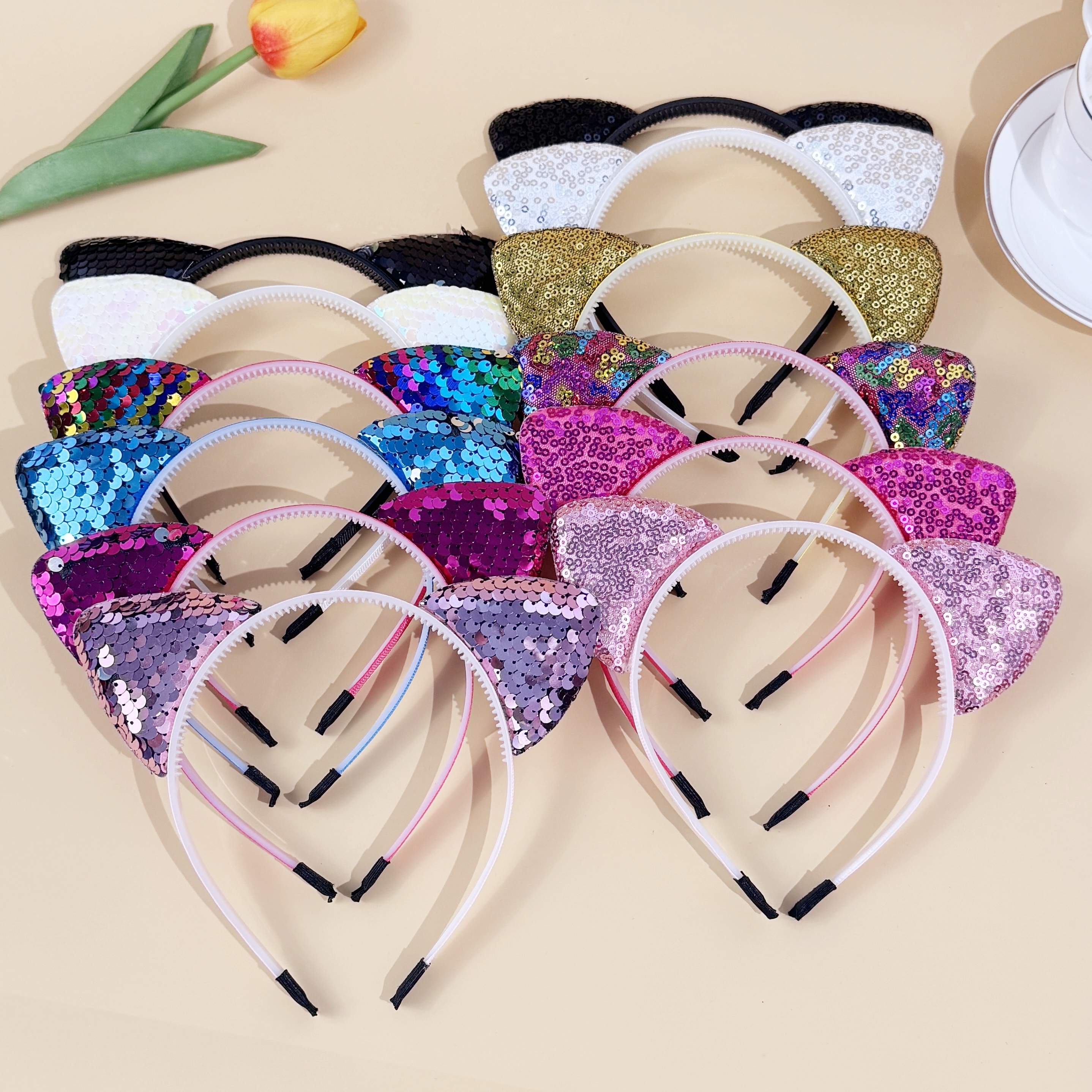 6/12pcs Sequin Cat Ear Headban - Leatherwork Pony 评论和价格