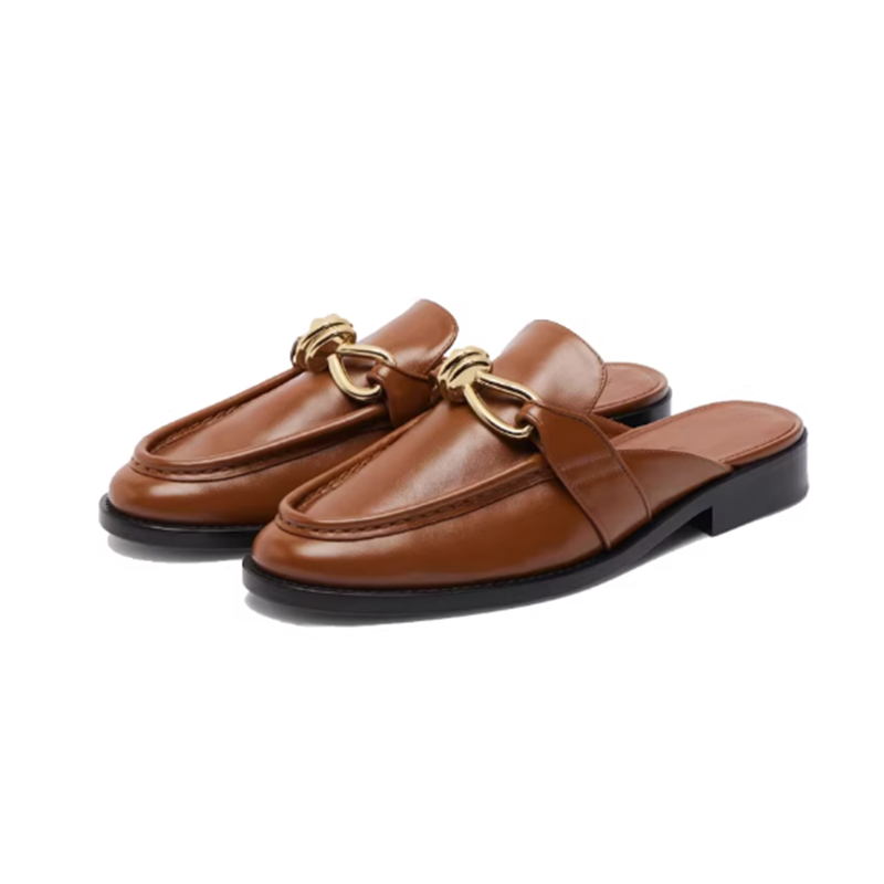 Metal Buckle Half Slippers For - Leather Work Flats 评论和价格