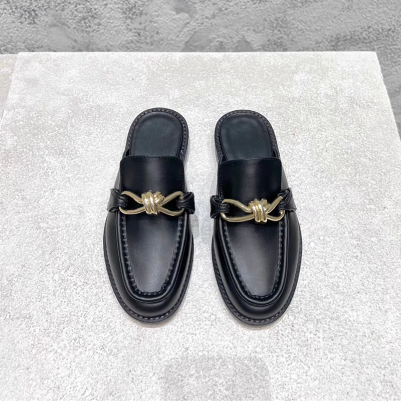 Metal Buckle Half Slippers For - Leather Work Flats 评论和价格