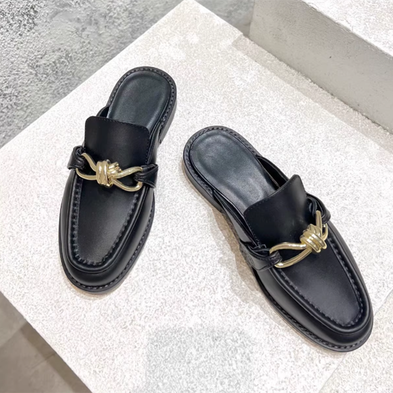 Metal Buckle Half Slippers For - Leather Work Flats 评论和价格