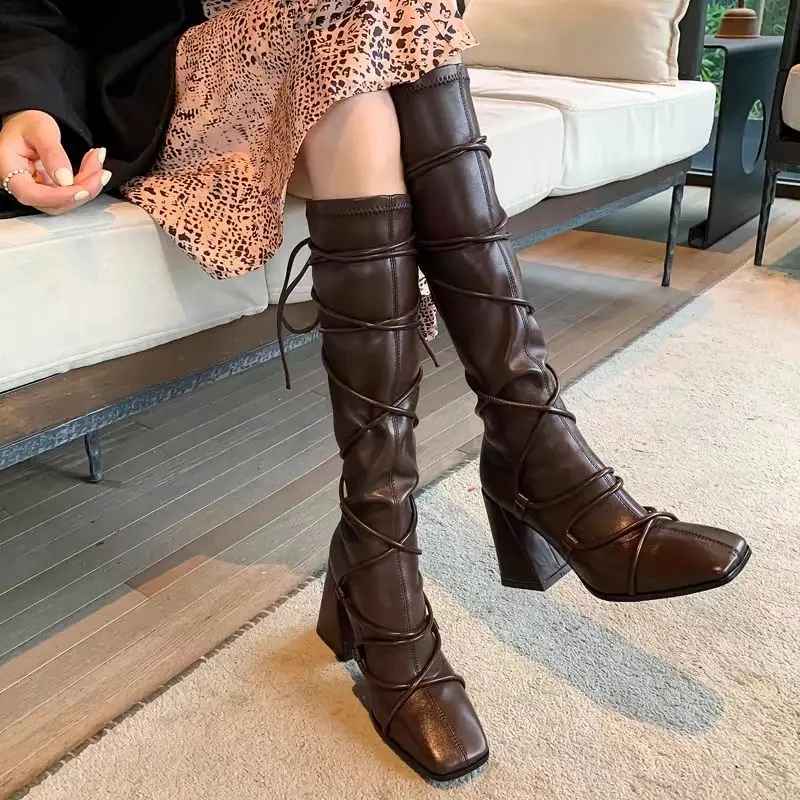 Autumn Winter Leather Strap Kn - Leatherwork Boots 评论和价格